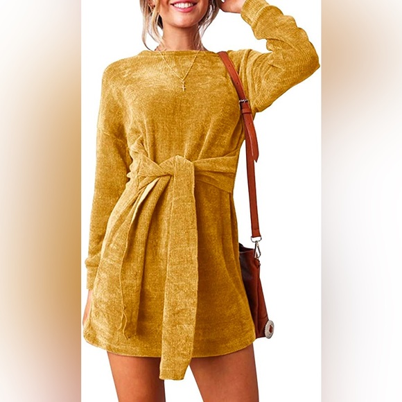 Dresses & Skirts - Mustard Yellow Long Sleeve Ribbed Velvet Tie Waist Dress Size Small